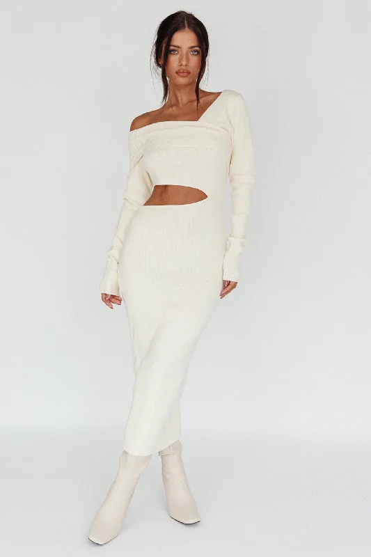 Midi dresses with empire waists for a flattering maternity option Tamar Long Sleeve One-Shoulder Midi Dress Cream Midi dresses with empire waists for a flattering maternity option Tamar Long Sleeve One-Shoulder Midi Dress Cream