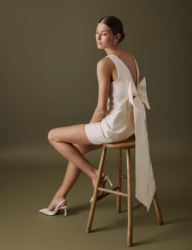Mini dresses with ruched bodices for a feminine touch Ivory Open Back Mini Atalana Bridal Dress Mini dresses with ruched bodices for a feminine touch Ivory Open Back Mini Atalana Bridal Dress