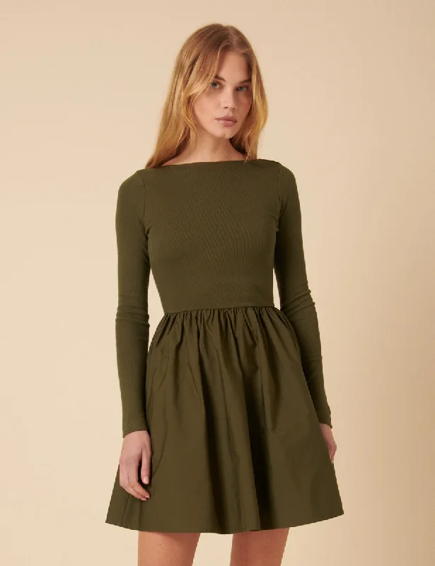 Plaid mini dresses for fall fashion Khaki Long Sleeve A-Line Penni Mini Dress