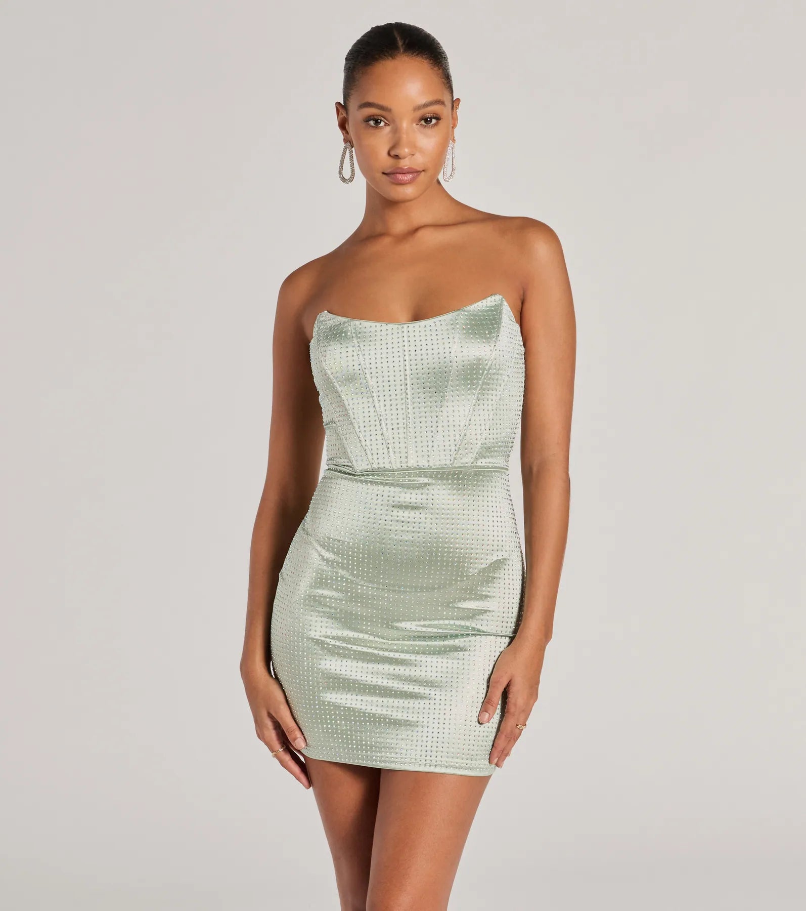 Mini dresses with one - shoulder designs Lily Strapless Corset Rhinestone Satin Mini Dress Mini dresses with one - shoulder designs Lily Strapless Corset Rhinestone Satin Mini Dress