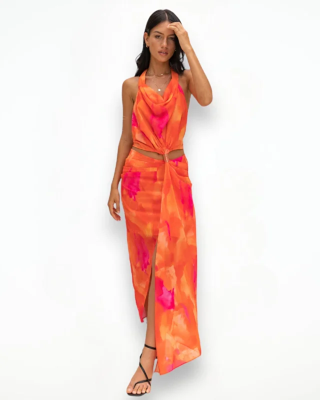 Midi dresses with abstract art prints for an artistic statement WISHES MIDI DRESS -ORANGE Midi dresses with abstract art prints for an artistic statement WISHES MIDI DRESS -ORANGE