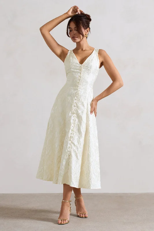 Midi dresses with lace - up fronts for a unique and adjustable style Mona | Ecru Jacquard Plunge-Neck Button Midi Dress Midi dresses with lace - up fronts for a unique and adjustable style Mona | Ecru Jacquard Plunge-Neck Button Midi Dress
