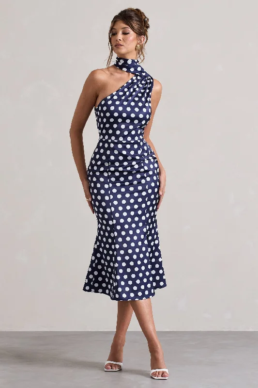 Midi dresses with cotton - blend materials for everyday comfort Golden Girl | Navy Polka Dot Asymmetric High-Neck Flared Midi Dress Midi dresses with cotton - blend materials for everyday comfort Golden Girl | Navy Polka Dot Asymmetric High-Neck Flared Midi Dress