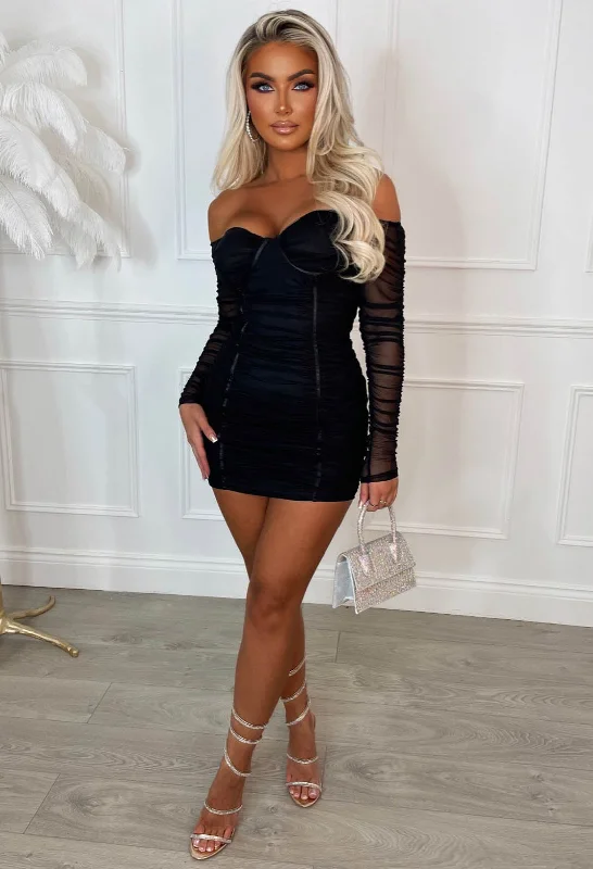Mini dresses with cut - out details for a trendy look Bijoux Black Mesh Long Sleeve Ruched Corset Mini Dress Mini dresses with cut - out details for a trendy look Bijoux Black Mesh Long Sleeve Ruched Corset Mini Dress