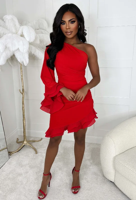 Mini dresses with halter necks for a stylish choice Frilled Senorita Red One Sleeve Ruched Frill Hem Mini Dress Mini dresses with halter necks for a stylish choice Frilled Senorita Red One Sleeve Ruched Frill Hem Mini Dress