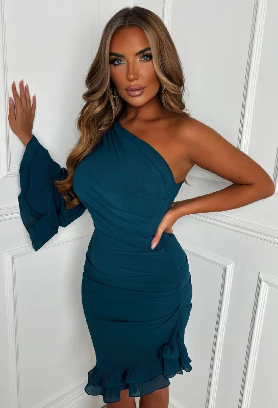 Mini dresses with high - low hems for a modern twist Frilled Senorita Teal One Sleeve Ruched Frill Hem Mini Dress