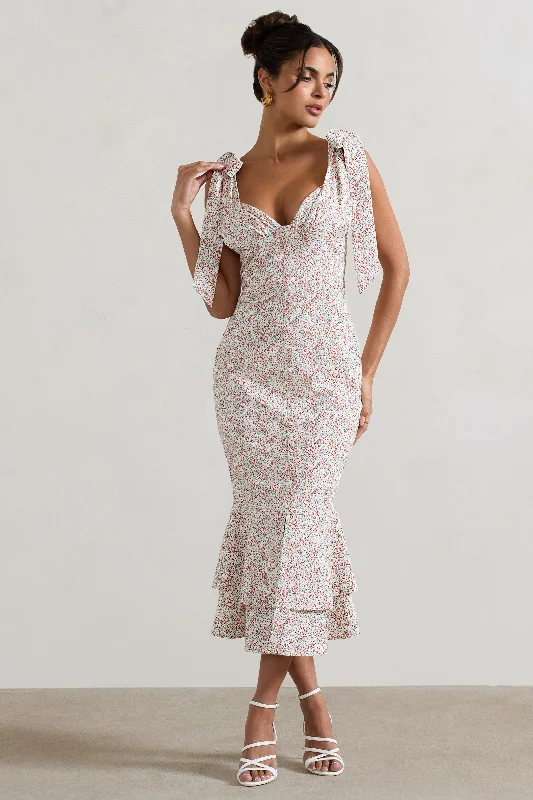 Midi dresses with ruched bodices for a feminine and fitted feel Caserta | White & Red Floral Buttoned Midi Dress With Flared Hem Midi dresses with ruched bodices for a feminine and fitted feel Caserta | White & Red Floral Buttoned Midi Dress With Flared Hem