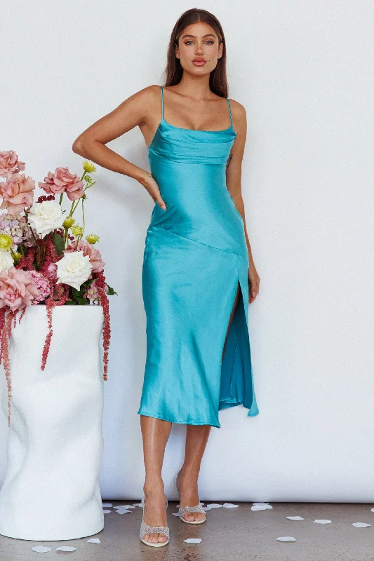Midi dresses with one - shoulder designs for a modern and asymmetric style Well Versed Pleated Bust Front Split Dress Aqua Midi dresses with one - shoulder designs for a modern and asymmetric style Well Versed Pleated Bust Front Split Dress Aqua