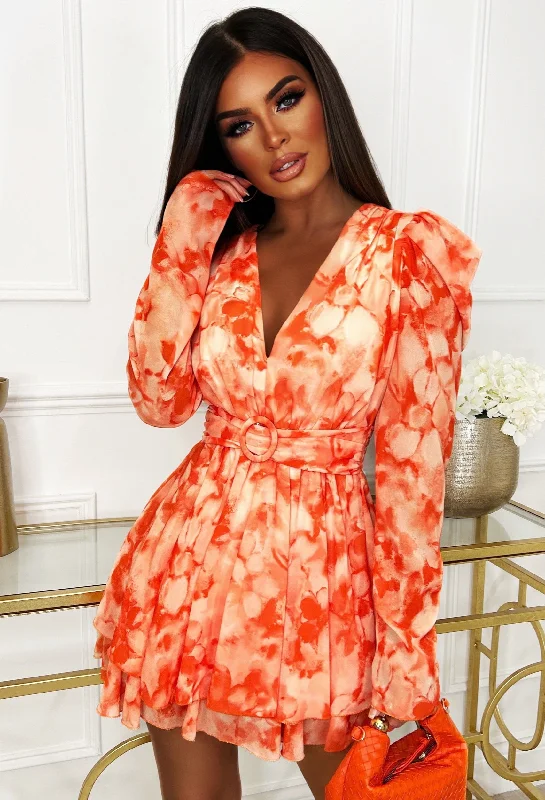 Mini dresses with beaded embellishments for a fancy event Chase Sunsets Orange Puff Sleeve Belted Mini Dress Mini dresses with beaded embellishments for a fancy event Chase Sunsets Orange Puff Sleeve Belted Mini Dress