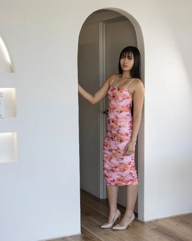Midi dresses with patchwork patterns for a one - of - a - kind style ISABELLA MIDI DRESS -PINK FLORAL Midi dresses with patchwork patterns for a one - of - a - kind style ISABELLA MIDI DRESS -PINK FLORAL
