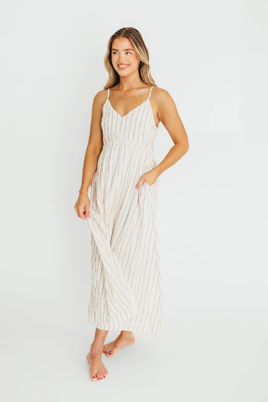 Sleeveless midi dresses with lace details for summer weddings Genesis Stripe Midi Dress in White/Taupe Sleeveless midi dresses with lace details for summer weddings Genesis Stripe Midi Dress in White/Taupe