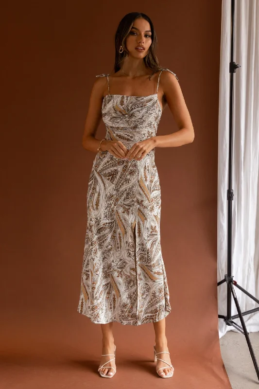 Midi dresses with printed lining for a hidden and stylish detail About Town Tied Shoulder Midi Dress Paisley White