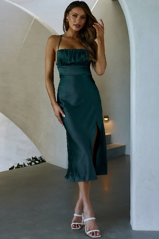 Midi dresses with denim fabric for a casual yet stylish day out Lakoda Gathered Bust Bow Tie Back Midi Dress Forest Green Midi dresses with denim fabric for a casual yet stylish day out Lakoda Gathered Bust Bow Tie Back Midi Dress Forest Green