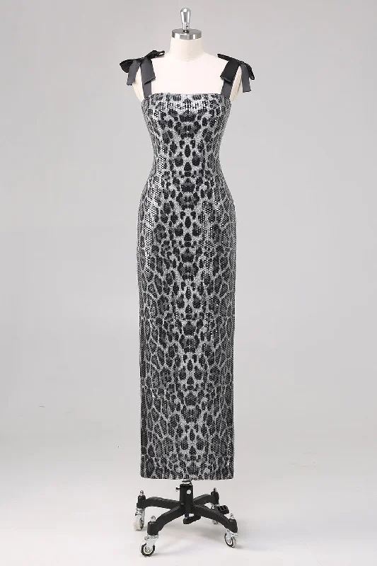 Midi dresses with off - the - shoulder necklines for a flirty look Sparkly Grey Leopard Sheath Tie Straps Formal Dress Midi dresses with off - the - shoulder necklines for a flirty look Sparkly Grey Leopard Sheath Tie Straps Formal Dress