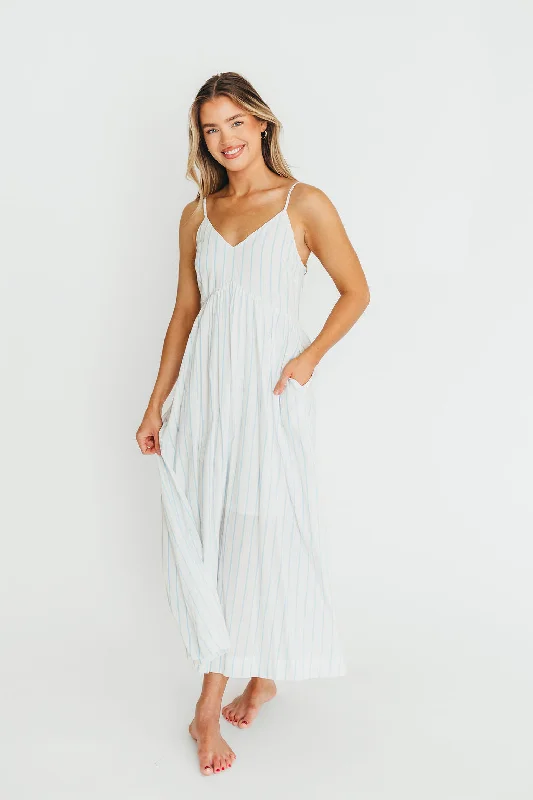 Midi dresses with ribbed textures for a unique and tactile appearance Genesis Stripe Midi Dress in White/Blue Midi dresses with ribbed textures for a unique and tactile appearance Genesis Stripe Midi Dress in White/Blue