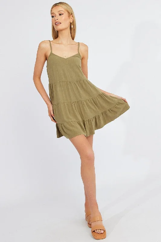 Green Fit and Flare Dress Sleeveless Tiered