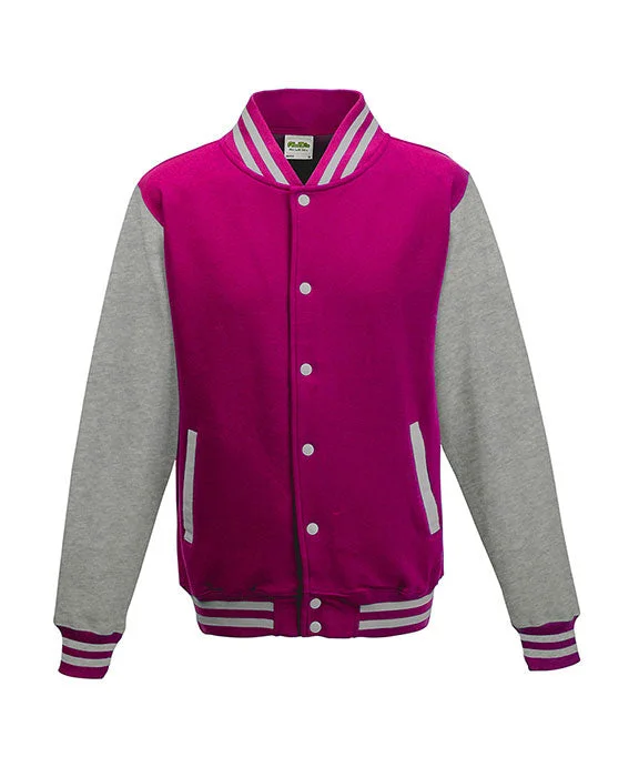 JHA043 - Just Hoods By AWDis Mens Heavyweight Letterman Jacket | Hot Pink/Heather Grey JHA043 - Just Hoods By AWDis Mens Heavyweight Letterman Jacket | Hot Pink/Heather Grey