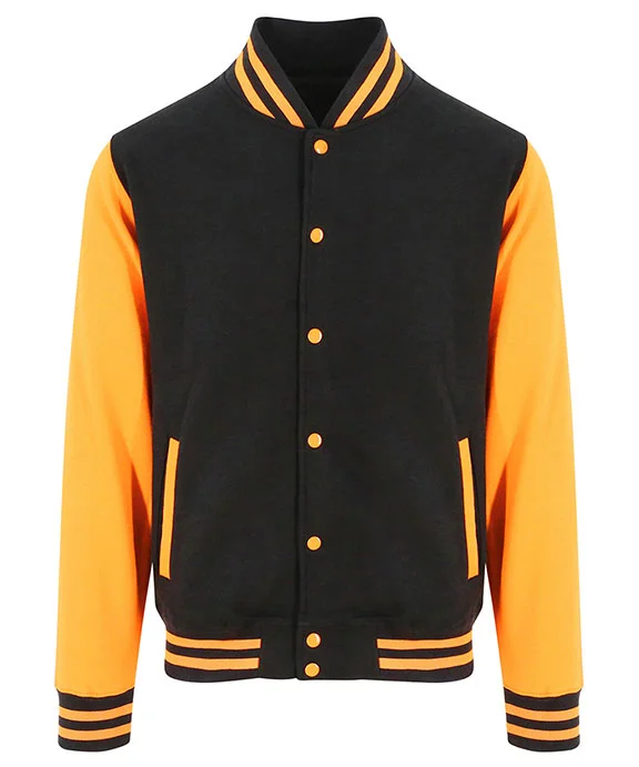 JHA043 - Just Hoods By AWDis Mens Heavyweight Letterman Jacket | Jet Black/Orange Crush JHA043 - Just Hoods By AWDis Mens Heavyweight Letterman Jacket | Jet Black/Orange Crush