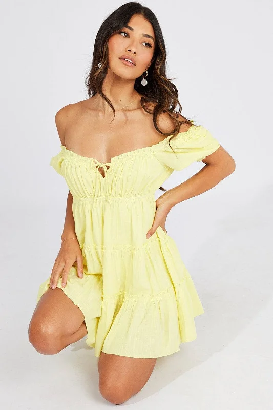 Yellow Fit And Flare Dress Puff Sleeve Mini