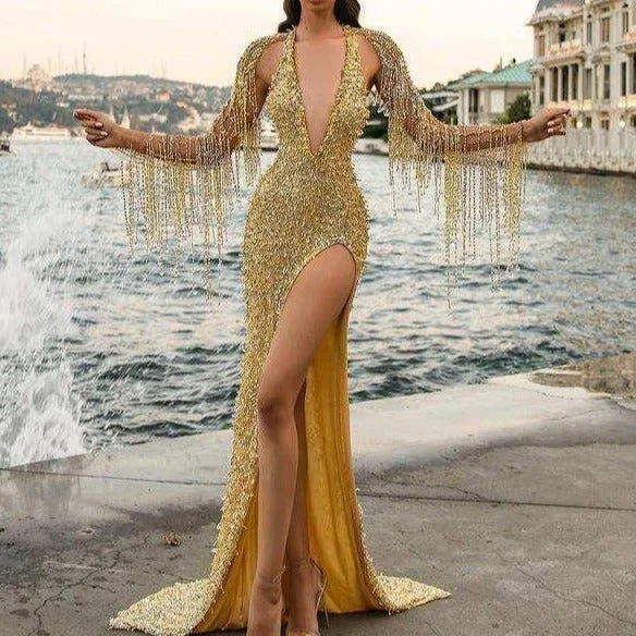 KittenAlarm - Aubrey Deep V Tassel Sleeve Maxi Sequin Dress