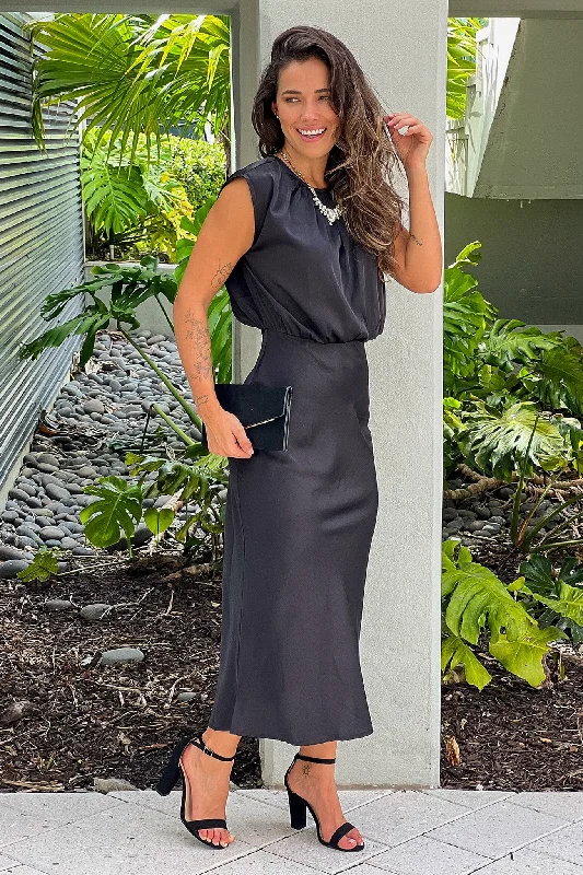 Black Satin Midi Dress