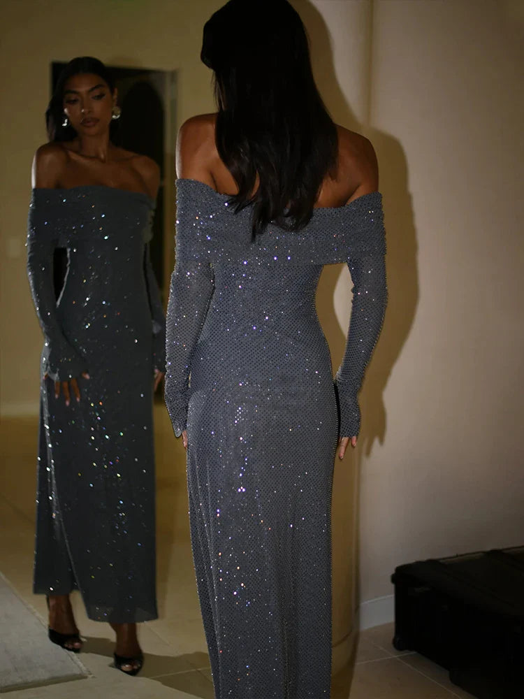 Off Shoulder Long Sparkle Glitter Nightclub Sexy Autumn Winter Maxi Dress