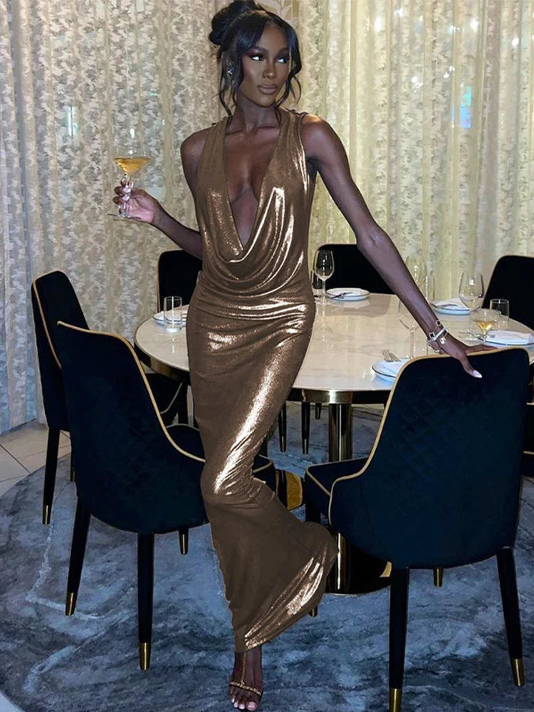 Slim Elegant Deep V Neck Backless Sexy Party Gold 2024 Maxi Dress