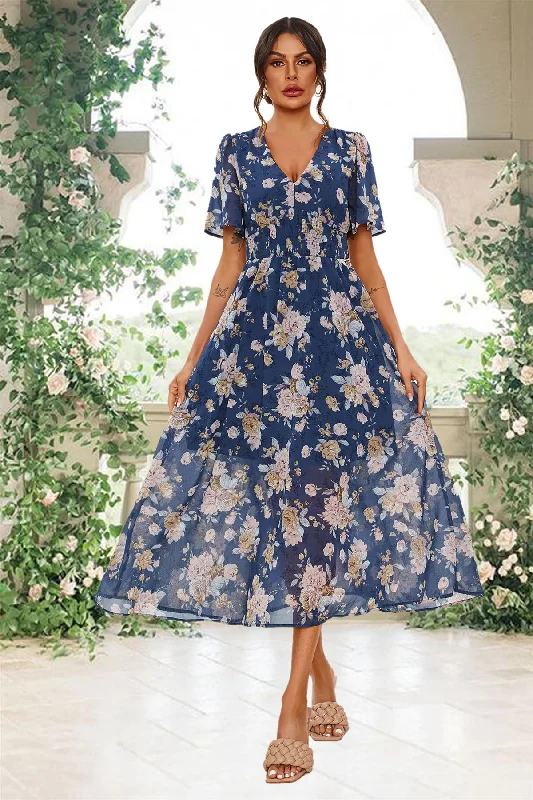 Floral Print Angel Sleeve Maxi Dress In Blue