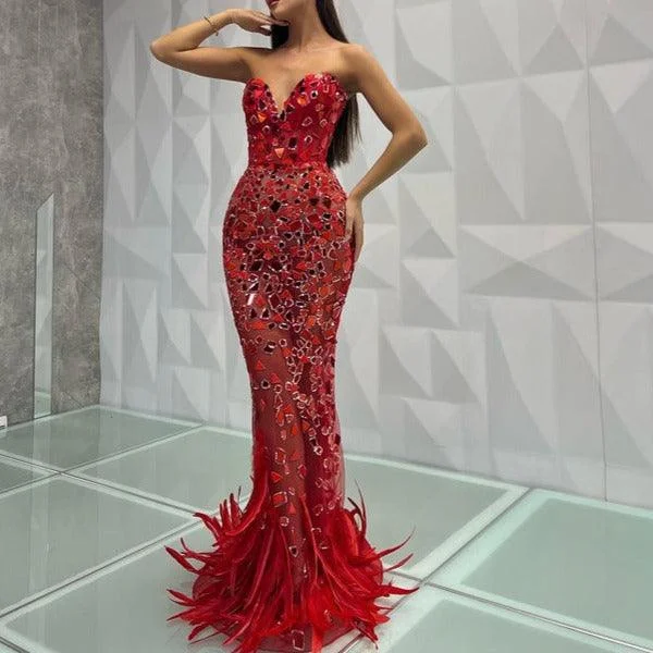 KittenAlarm - Kitt Strapless Feather Red Mirror Maxi Dress