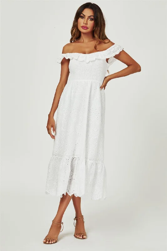 Lace Embroidery Bardot Maxi Dress In White