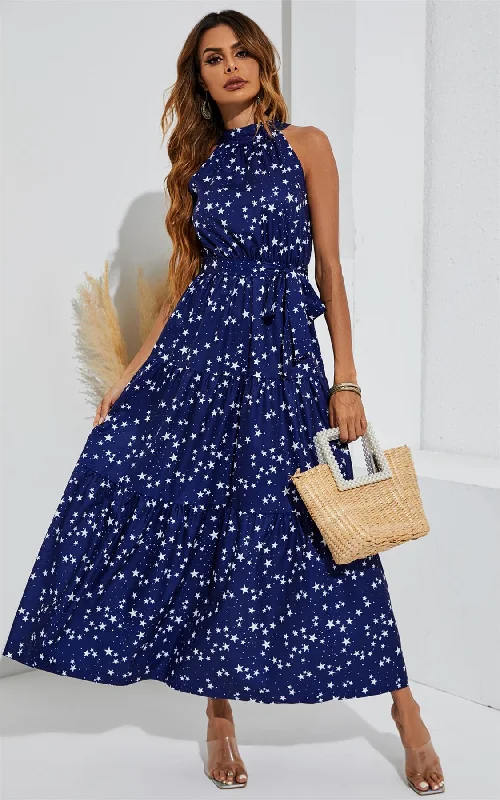 Night Sky Halter Neck Maxi Layer Dress In Navy & White Little Star