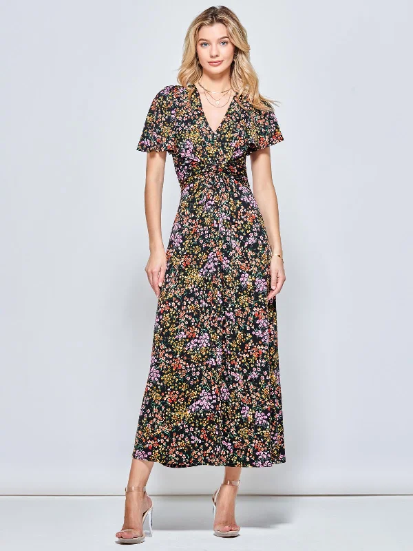 V Neck Twist Front Jersey Maxi Dress, Black Ditsy