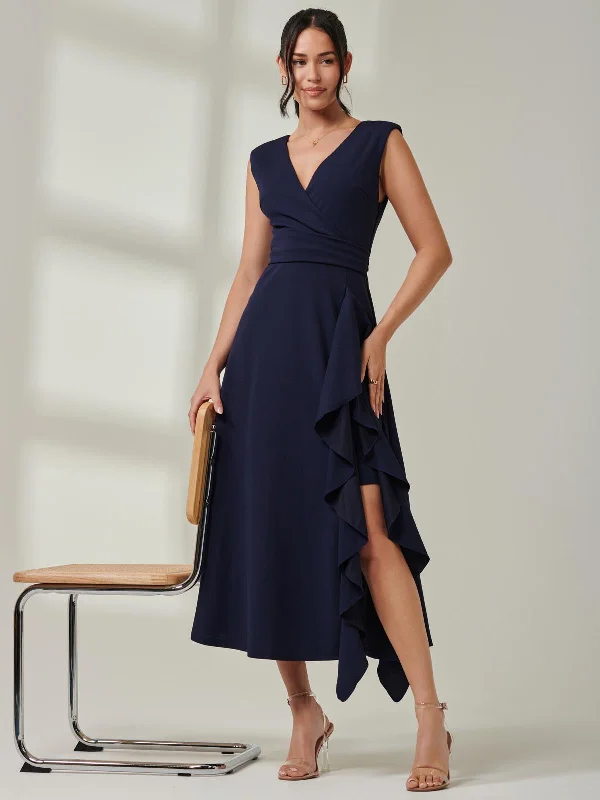 Wrap Front Frill Detail Maxi Dress, Navy