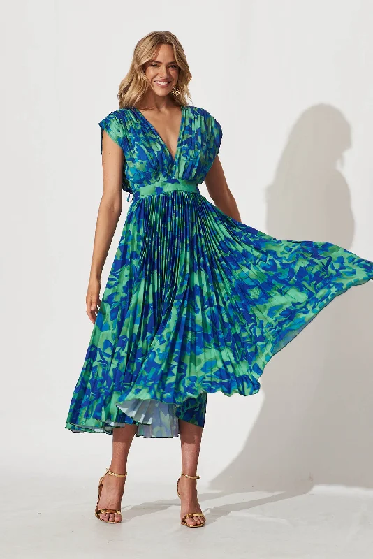 Anetta Midi Dress In Green And Blue Watercolour Satin