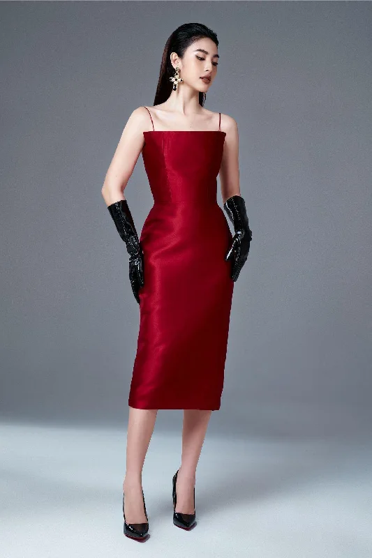 Chris Pencil Spaghetti Strap Taffeta Midi Dress