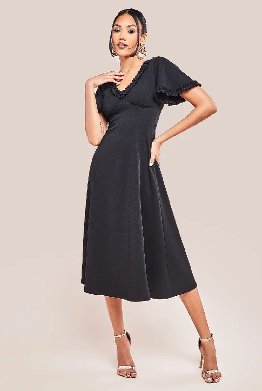 Goddiva Flare Sleeve Frill Edge Midi Dress - Black