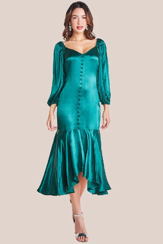 Goddiva Satin Viscose Front Buttoned Dipped Hem Midaxi Dress - Emerald