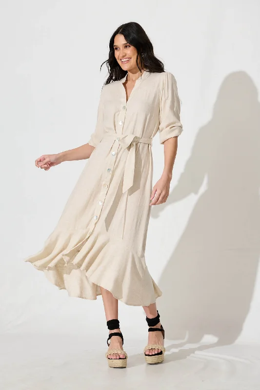 Heartland Midi Dress In Oatmeal Linen Blend