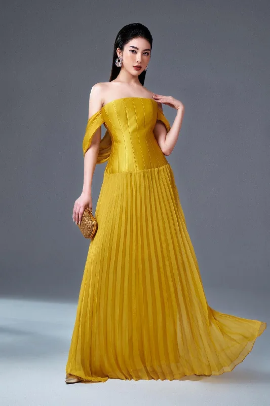 Lamel Pleated Off-Shoulder Taffeta Midi Dress