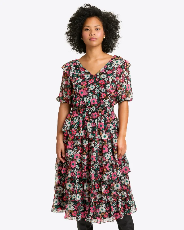 Leah Tiered Ruffle Midi Dress in Amaryllis Fil Coupe