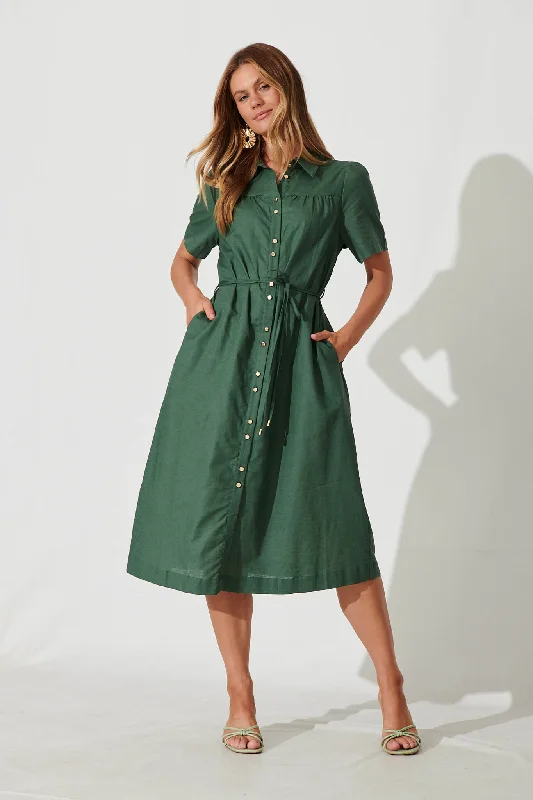 Oatland Midi Shirt Dress In Green Cotton Linen