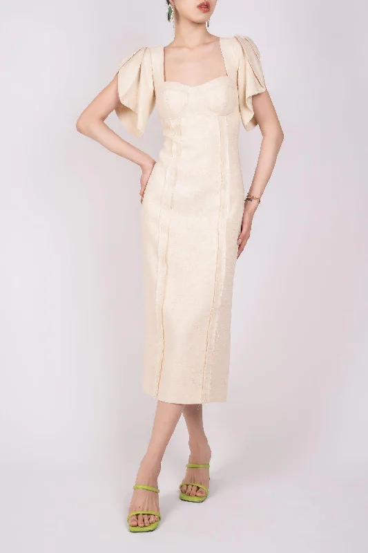Rose Straight Semi-Heart Neck Burlap Midi Dress