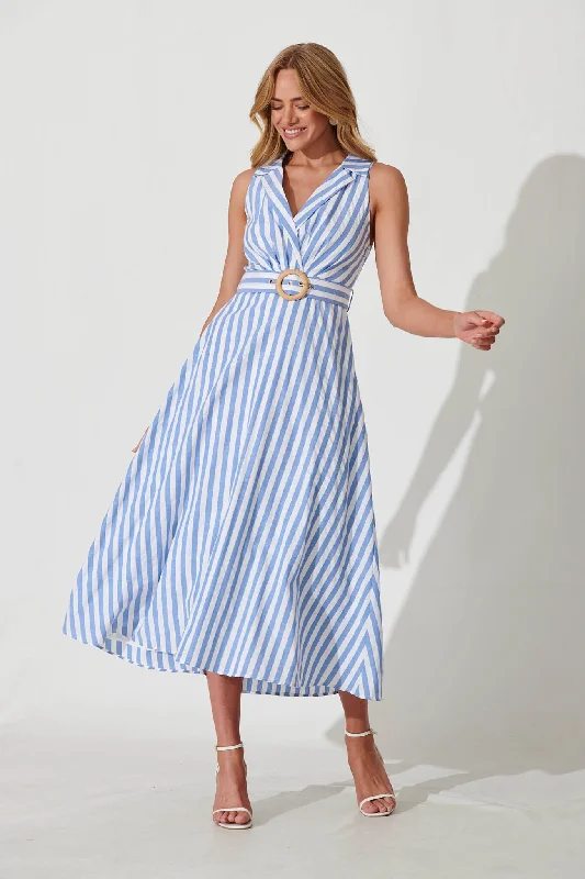 Solera Midi Dress In Blue And White Stripe Cotton Blend