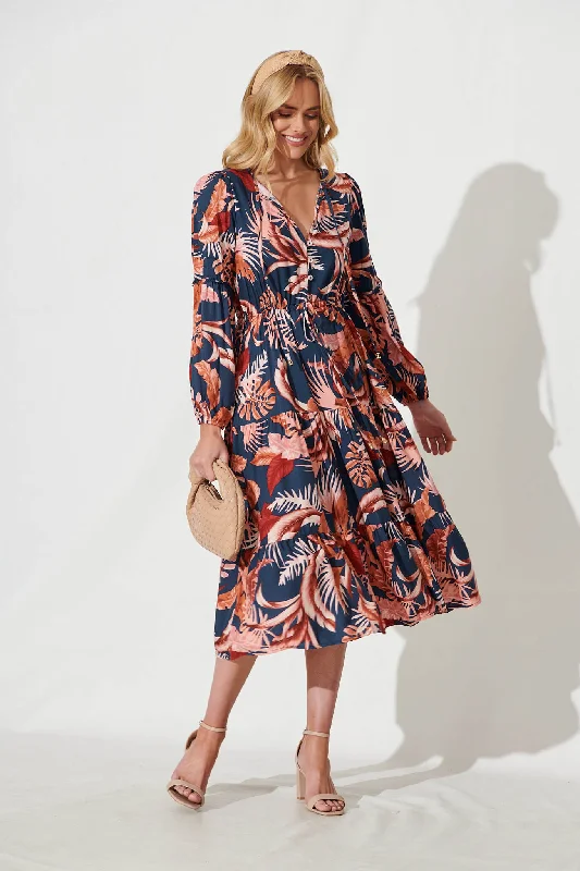 Ti Amo Midi Dress In Navy With Rust Floral Print