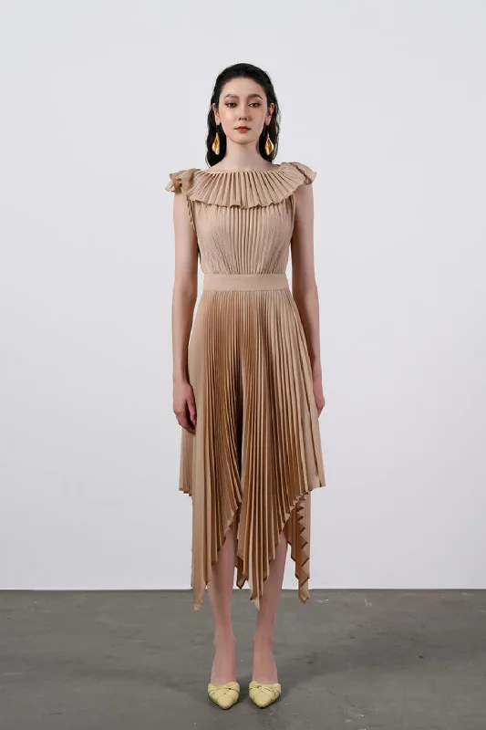 Zaria Pleated Sleeveless Silk Midi Dress