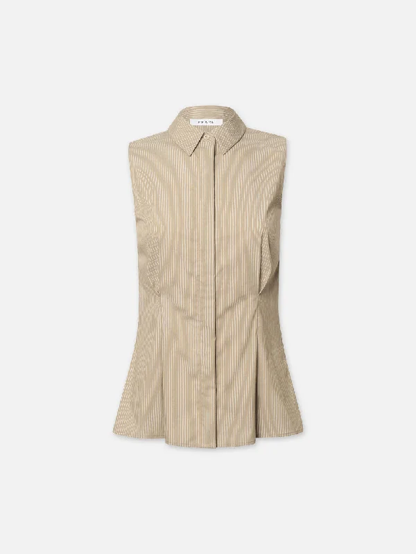 Pleated Sleeveless Shirt -- Khaki Multi