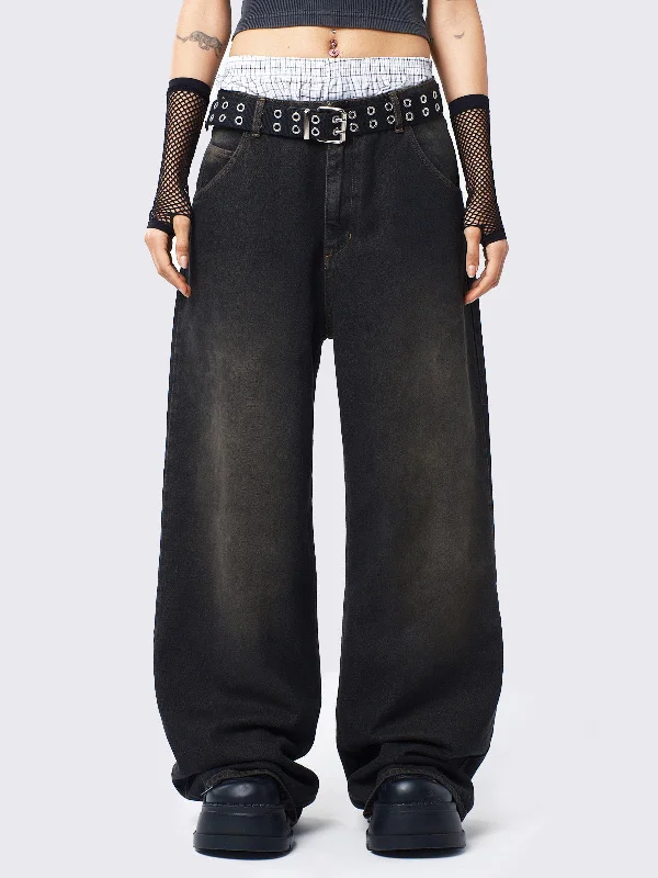 Women's pants with anti - odor properties Stretch women jeans for enhanced mobility and comfort Echo Washed Black Overdye Baggy Jeans