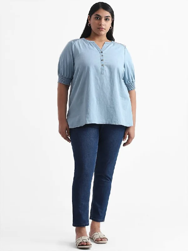Women's unisex - style casual pants Ripped women jeans for a rebellious and fashion - forward style Gia Solid Blue Denim Blouse Women's unisex - style casual pants Ripped women jeans for a rebellious and fashion - forward style Gia Solid Blue Denim Blouse