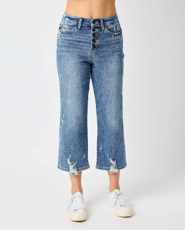Women's tie - dye festival pants Straight - leg women jeans with a classic and timeless appeal Judy Blue Button Fly Wide Leg Crop with Destroy Jeans