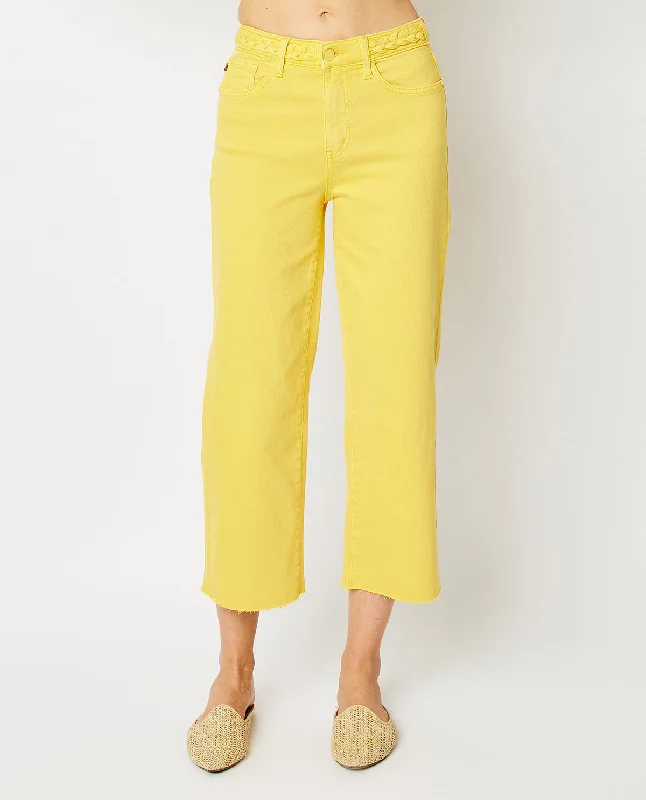 Women's pants with anti - odor properties Stretch women jeans for enhanced mobility and comfort Judy Blue High Waist Garment Dyed Braided Waistband Crop Wide Jeans Women's pants with anti - odor properties Stretch women jeans for enhanced mobility and comfort Judy Blue High Waist Garment Dyed Braided Waistband Crop Wide Jeans